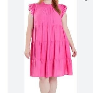 ENGLISH FACTORY‎ Hot Pink Tiered Ruffle Neck Short Sleeve Midi Dress Size 2X